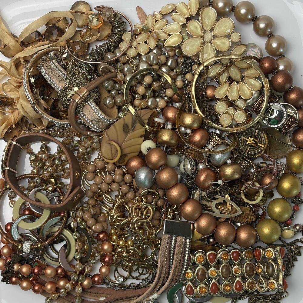 Curated Craft Jewelry Lot - 2.75 lbs Warm Gold Tone Brown Earthy Glam